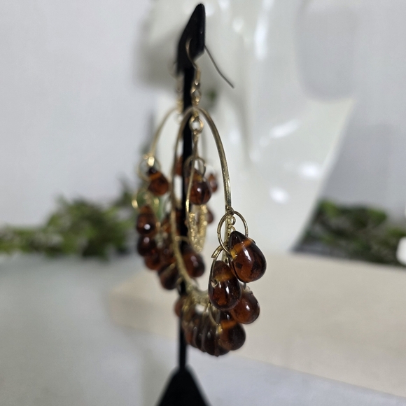 Large Statement Gold Hoop Earrings with Amber Glass Beads - Picture 11 of 14